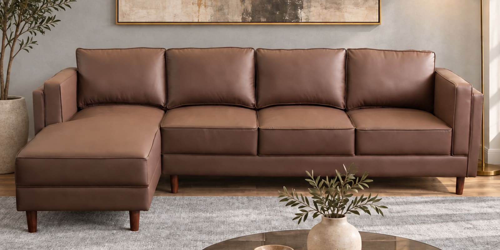 Brookly Leatherette RHS Sectional Sofa In Brown Colour