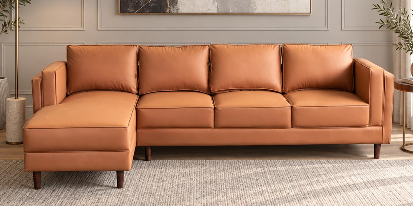 Brookly Leatherette RHS Sectional Sofa In Tan Colour