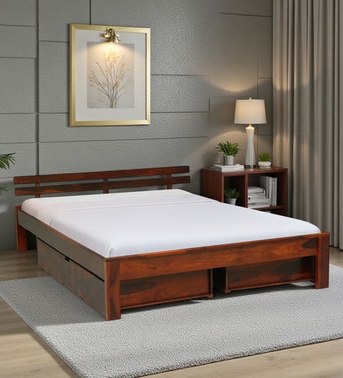 Brakel Sheesham Wood King Size Bed In Honey Oak  Finish With Drawer Storage