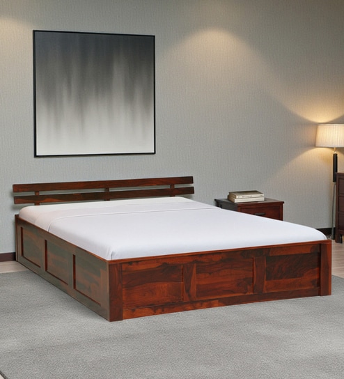 Brakel Sheesham Wood Queen Size Bed In Honey Oak  Finish With Box Storage