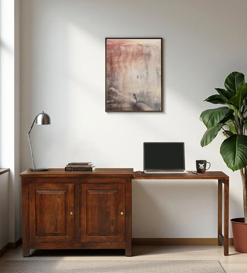 Bramming Mango Wood Folding Writing Table Cum Cabinet in Provincial Teak Finish
