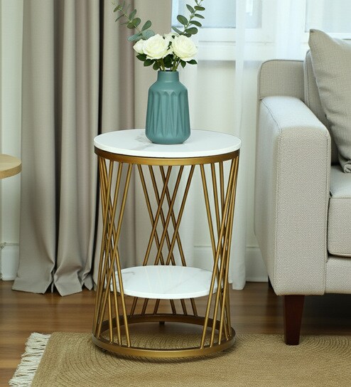 Branco White Porcelain Top End Table With Gold Finish