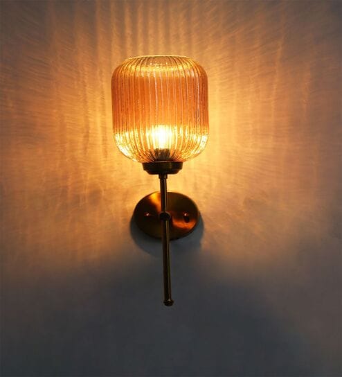 Brass Amber Ribbed Glass Wall Lamp