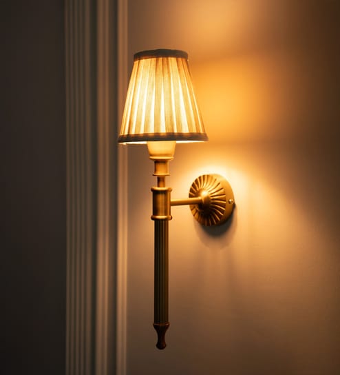 Brass Antique Finish Corrugated Wall Lamp with Off White Pleated Shade