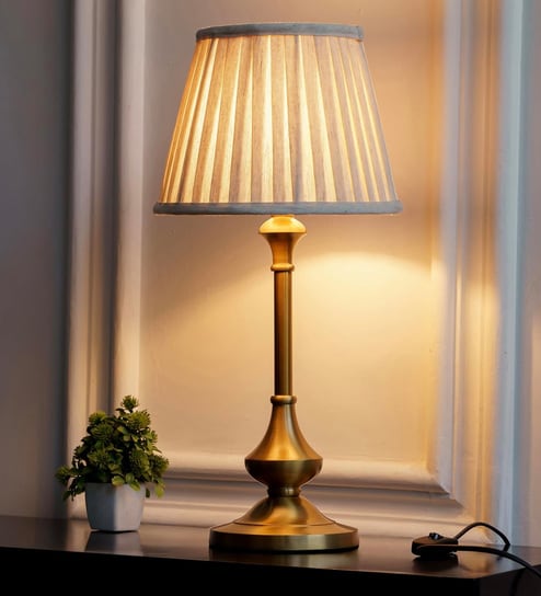 Brass Antique Gold Finish Table Lamp 22 Inches Height with Off White Pleated 10 Inches Diameter Lampshade