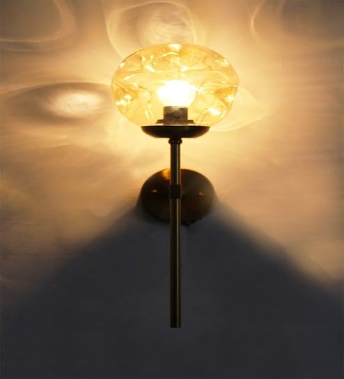Brass Funner Wall Sconce with Amber Glass Globe Modern Light