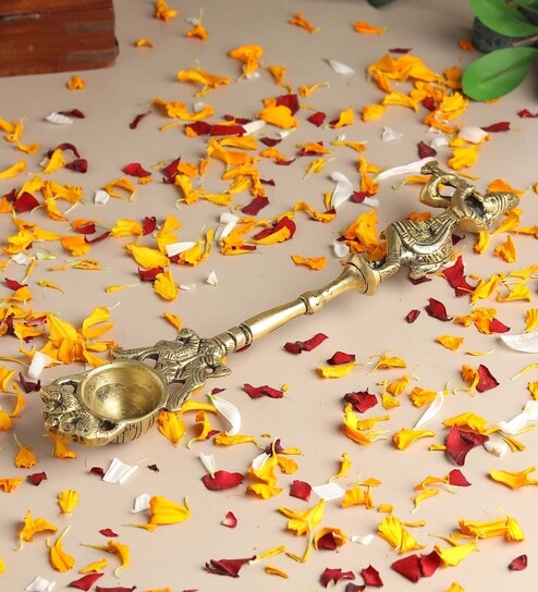 Golden Brass Ritual Spoon with Lord Krishna Idol