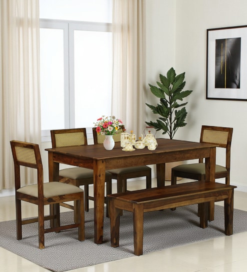 Bree Sheesham Wood 6 Seater Dining Set with Bench In Provincial Teak Finish