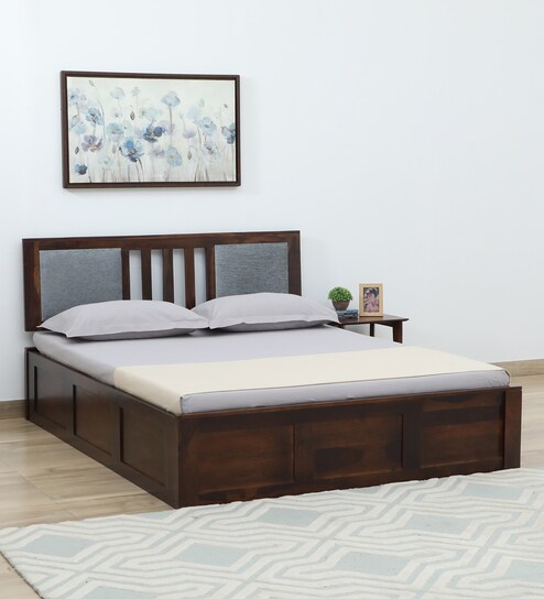 Brevik Sheesham Wood Queen Size Bed In Provincial Teak Finish With Hydraulic Storage