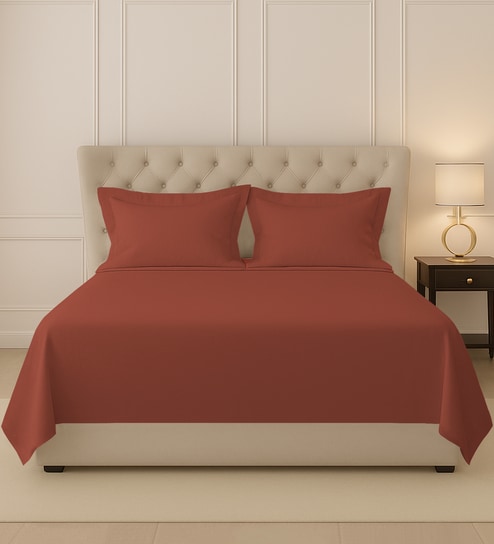 Brick Red Solid 400 TC Cotton King Sized Bedsheet with 2 Pillow Covers
