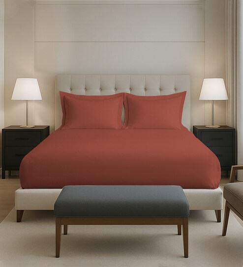 Brick Red Solid 400 TC Cotton King Sized Fitted sheet with 2 Pillow Covers