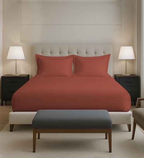 Brick Red Solid 400 TC Cotton Queen Sized Fitted sheet with 2 Pillow Covers