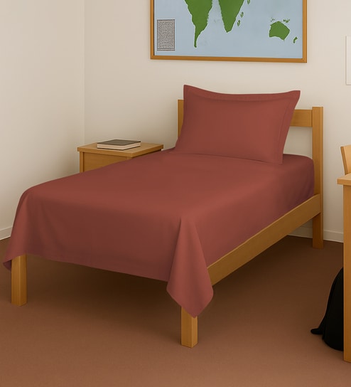 Brick Red Solid 400 TC Cotton Single Sized Bedsheet with 1 Pillow Cover