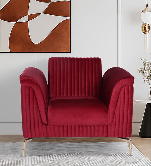 Brio Velvet Fabric 1 Seater Sofa in Textured Red Color