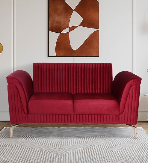 Brio Velvet Fabric 2 Seater Sofa in Textured Red Color