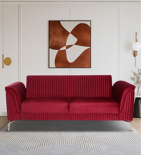 Brio Velvet Fabric 3 Seater Sofa in Textured Red Color