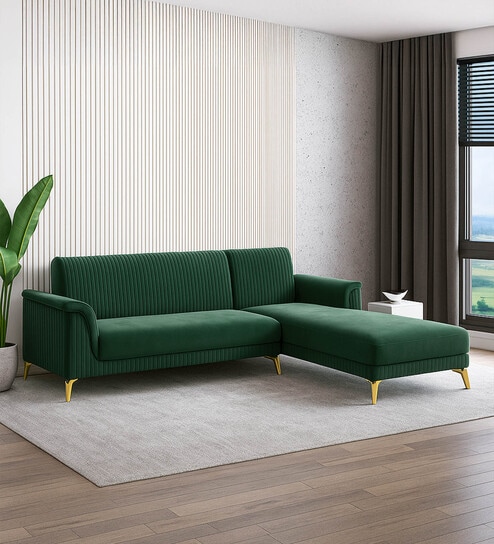 Brio Velvet Fabric LHS Sectional Sofa (3 + Lounger) in Textured Green Color