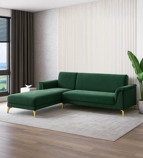 Brio Velvet Fabric RHS Sectional Sofa (3 + Lounger) in Textured Green Color