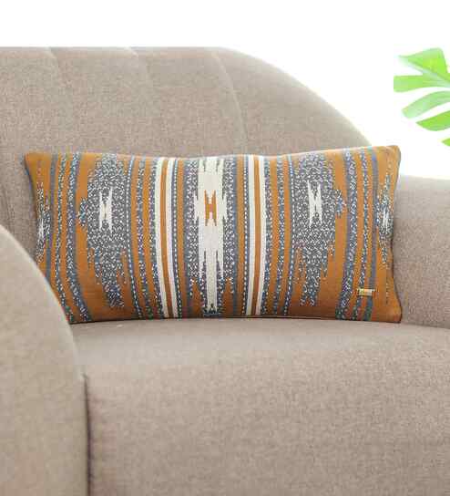 Bronze Grey Melange & Natural 100% Cotton Ikkat 12X20 Inches Knitted Cushion Cover