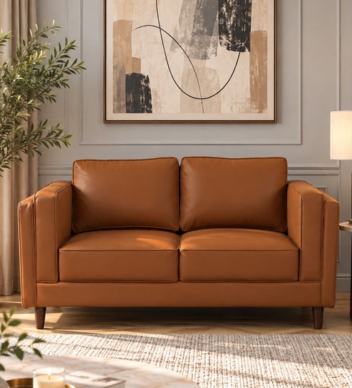 Brookly Leatherette 2 Seater Sofa In Tan Colour