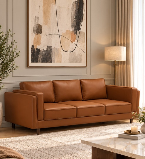 Brookly Leatherette 3 Seater Sofa In Tan Colour