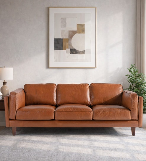 Brookly Leatherette 3 Seater Sofa In Tan Colour