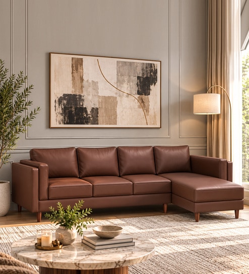 Brookly Leatherette LHS Sectional Sofa (3 + Lounger) In Brown Colour