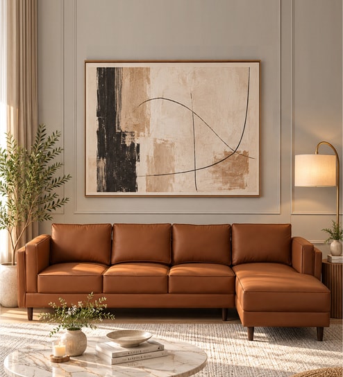 Brookly Leatherette LHS Sectional Sofa (3 + Lounger) In Tan Colour