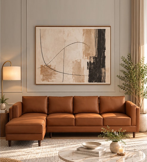 Brookly Leatherette RHS Sectional Sofa (3 + Lounger) In Tan Colour