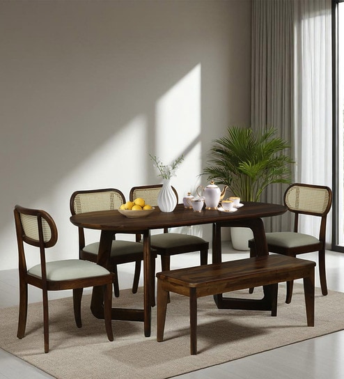 Brookwood Sheesham Wood Six Seater Dining Table set With Bench In Scratch Resistant Provincial Teak Finish