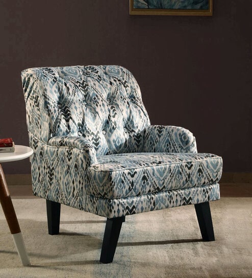 Broomedge Fabric Full Back Lounge Chair In Abstract Teal Print