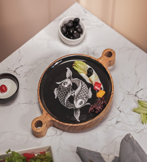 Brown & Black Enamel  Acacia Wood  Appetizer Platter