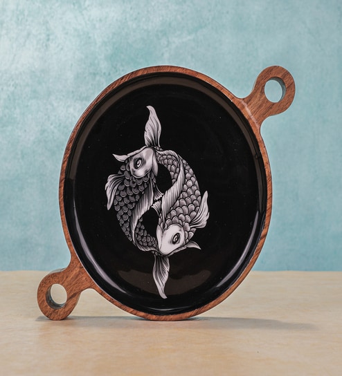 Brown & Black Enamel  Acacia Wood  Appetizer Platter