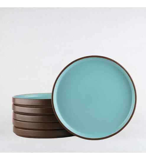 (Set Of 6) Brown & Blue Stoneware Dinner Plates