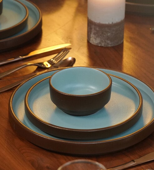 (Set Of 6) Brown & Blue Stoneware Quarter Plates