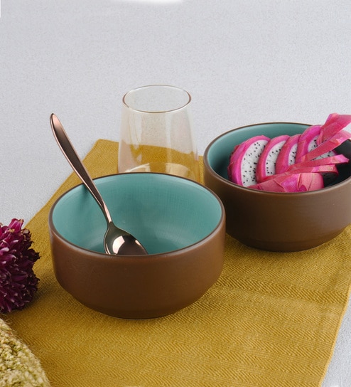 (Set Of 2) Brown & Blue Stoneware Snack Bowl