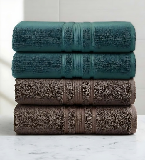 Brown & Dark Green Soft Cotton 500 GSM Solid Bath Towel Pack Of 4