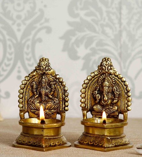 Brown & Gold Brass Laxmi Ganesha Handcrafted Diya eCraftIndia