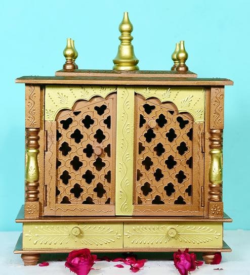 Brown & Gold Mango Wood Pooja Mandir With Door