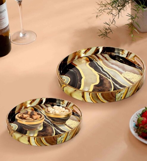 Brown & Gold MDF Wood Marble (Set of 2) Round Serving Trays