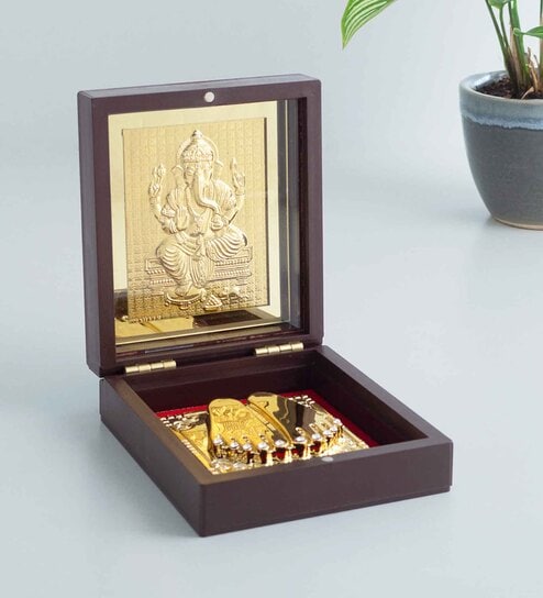 Brown & Gold-Toned 24 Ct Gold Foil Ganesh Prayer Box