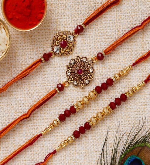 Brown & Golden Set of 4 Floral, Beads, Pearl, Diamond Designer Rakhis with Roli Chawal Pack