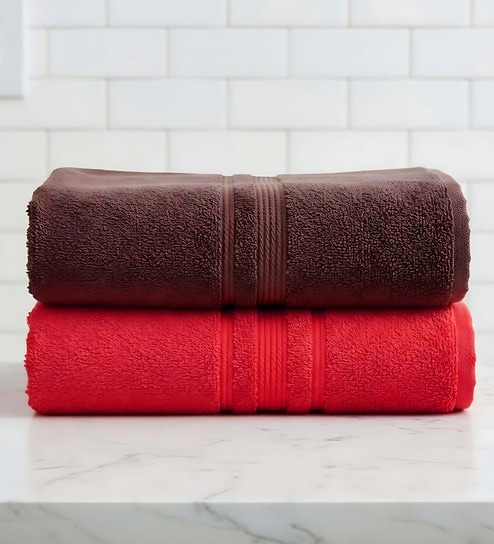 Brown & Red Soft Cotton 500 GSM Solid Bath Towel Pack Of 2