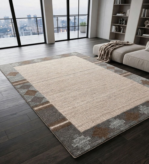 Brown Geometric Wool And Cotton 5 X 8 Ft Hand Tufted Carpet