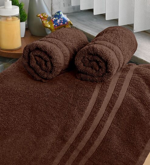 Brown Cotton Solid 550 GSM 3 Pcs Towels Set