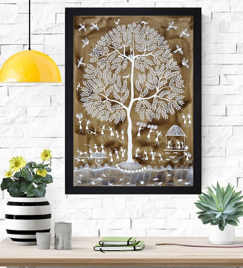 Brown Ethnic Dhokra And Warli Art Textured Paper Scratch/Dust Proof Framed Art Print