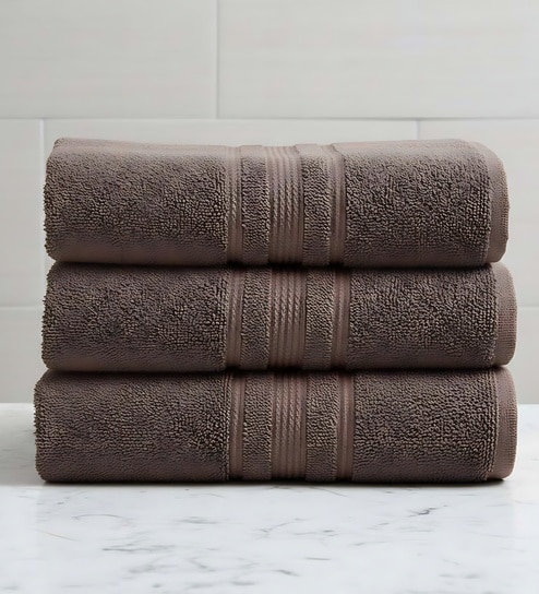 Brown Soft Cotton 500 GSM Solid Bath Towel Pack Of 3