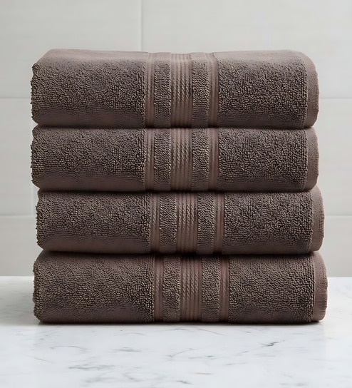 Brown Soft Cotton 500 GSM Solid Bath Towel Pack Of 4