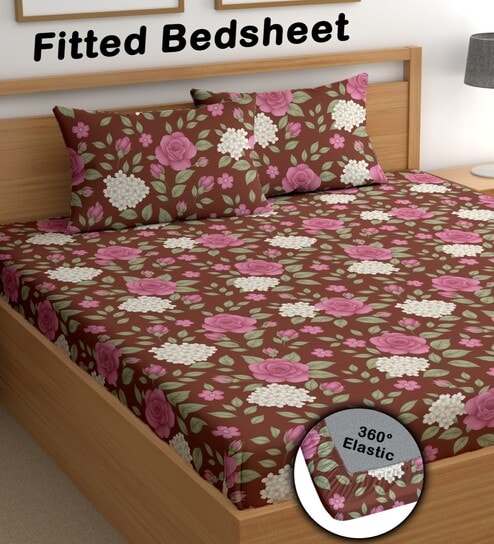 Brown 180 TC Floral Cotton Fitted Double Bedsheet 2 Pillow covers