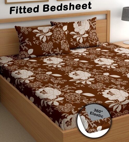 Brown 180 TC Floral Cotton Fitted Double Bedsheet 2 Pillow covers